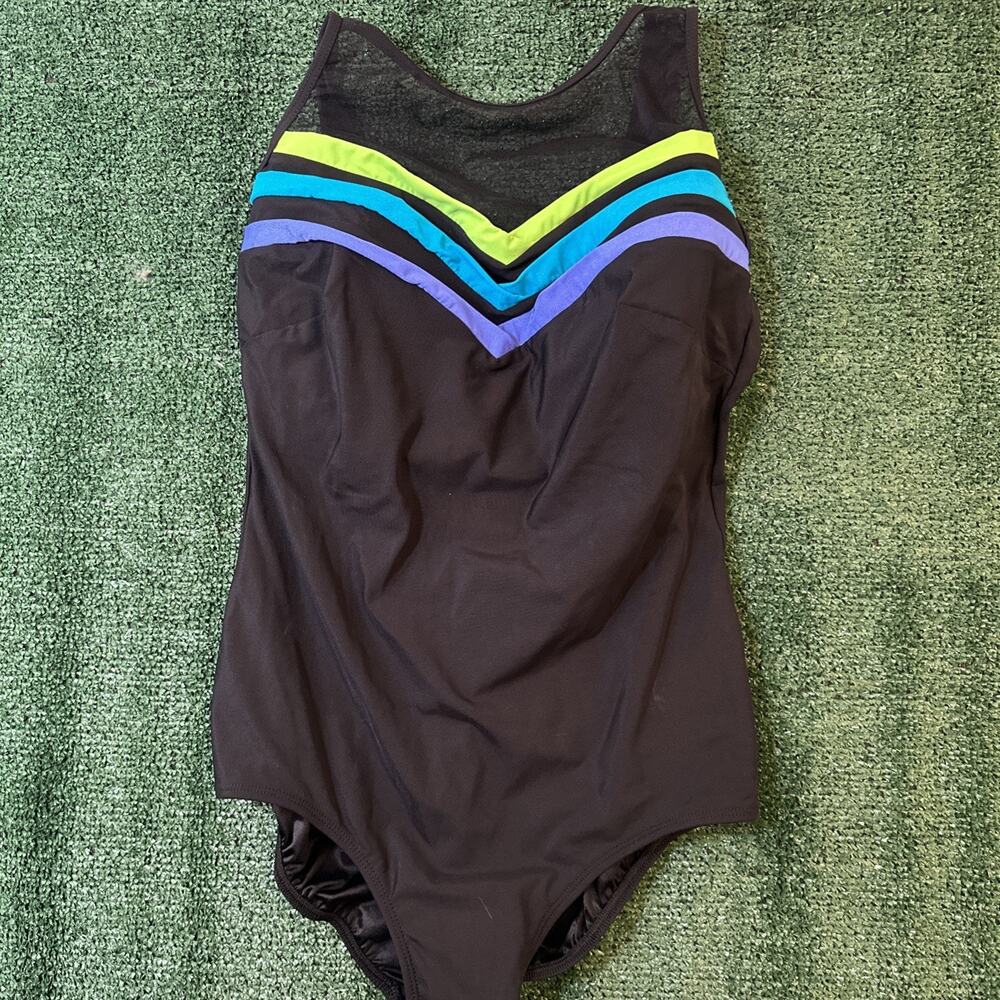 Vintage 80's Robby Len One Piece Swimsuit Size XL Built in Bra Cups, Black Neon